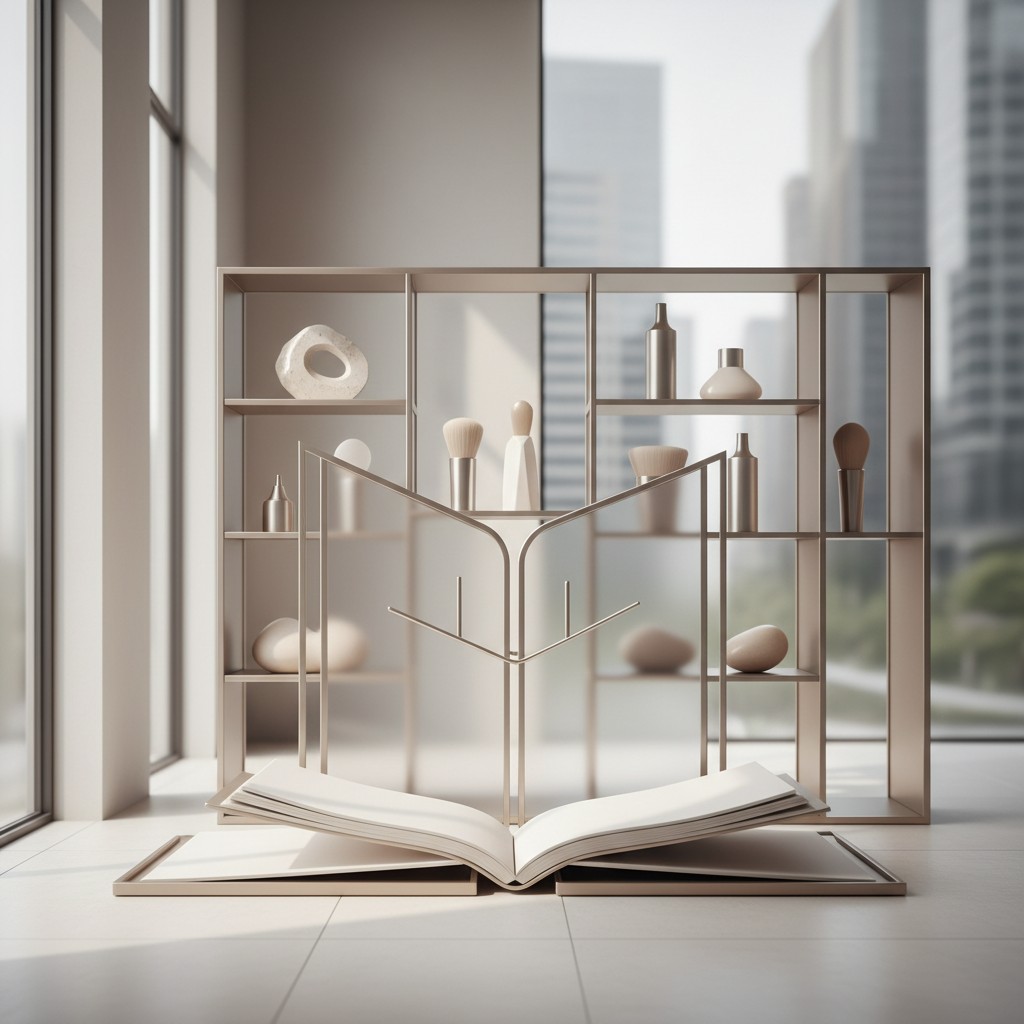 An interior room with shelves of decorative items and a shelving unit of books.